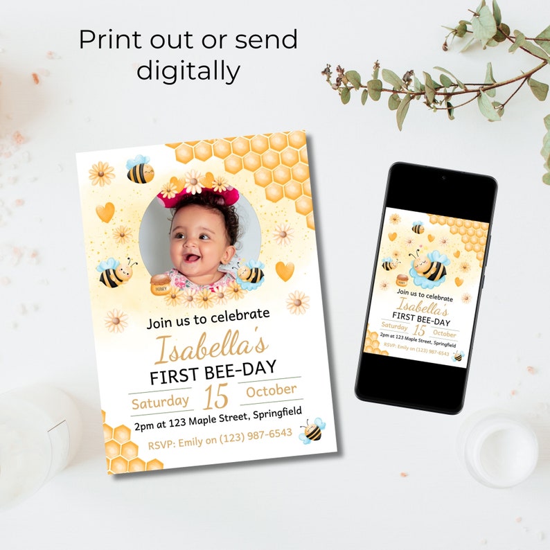 First Birthday Bee Invitation, 1st Bee-Day Invites, Instant Download, First Bee-Day Birthday Invitation, First Bee Day Invite, Evite