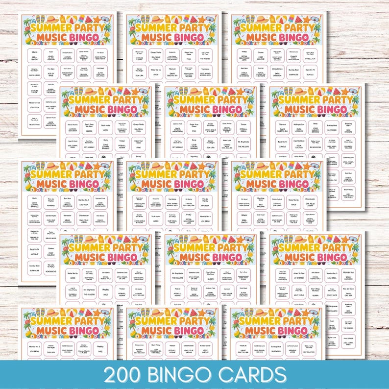 Puede incluir: Un conjunto de tarjetas de "Summer Party Music Bingo". Cada tarjeta tiene un borde colorido con iconos de verano. Las tarjetas son blancas con texto negro e incluyen el texto "200 BINGO CARDS".