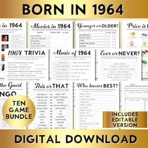 60th Birthday Party Games, Born in 1964, Printable 10 Game Bundle, Instant Download, Editable, Personalize, Music, Trivia, Guest Book BP001