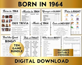 60th Birthday Party Games, Born in 1964, Printable 10 Game Bundle, Instant Download, Editable, Personalize, Music, Trivia, Guest Book BP001