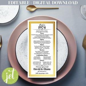 Ciekawostki na temat 51. rocznicy ślubu, Ślub w 1974 r., Edytowalna złota karta miejsca do wydrukowania, Kolacja, Natychmiastowe pobieranie