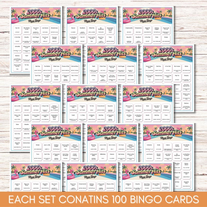 Puede incluir: Un conjunto de tarjetas de bingo con tem&aacute;tica de verano. Cada tarjeta presenta un dise&ntilde;o colorido con un flamenco, palmeras y el texto "2000s Summer Hits Music Bingo". La parte inferior de la imagen dice "EACH SET CONTAINS 100 BINGO CARDS."