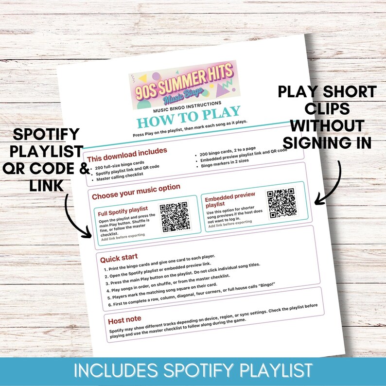 90s Summer Hits Music Bingo – 200 Cards, Printable Game with Spotify Playlist (Digital Download)