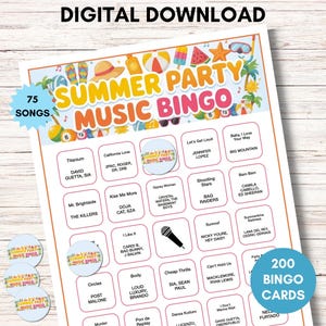 Puede incluir: Una hoja de juego imprimible "Summer Party Music Bingo" con 75 canciones y 200 tarjetas de bingo. El dise&ntilde;o colorido incluye gr&aacute;ficos tem&aacute;ticos de verano y t&iacute;tulos de canciones. Incluye fichas de bingo.