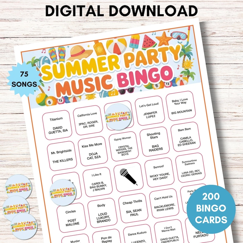 Puede incluir: Una hoja de juego imprimible "Summer Party Music Bingo" con 75 canciones y 200 tarjetas de bingo. El dise&ntilde;o colorido incluye gr&aacute;ficos tem&aacute;ticos de verano y t&iacute;tulos de canciones. Incluye fichas de bingo.