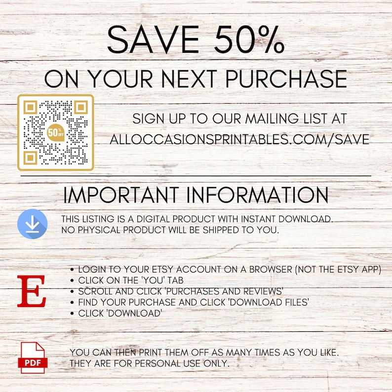 Puede incluir: Anuncio de producto digital con el texto "AHORRA 50% EN TU PR&Oacute;XIMA COMPRA". Incluye un c&oacute;digo QR e instrucciones para registrarse en una lista de correo. El anuncio es una descarga digital, sin producto f&iacute;sico.