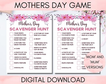 Printable Mother's Day Scavenger Hunt Game, Family Game Night, Mothering Sunday MD001