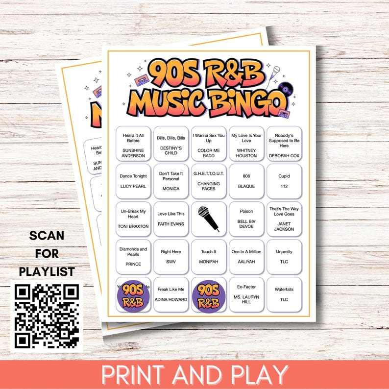 90s R&B Music Bingo, Printable Bingo Game, Throwback 90s Party Game, 200 Cards, Instant Download