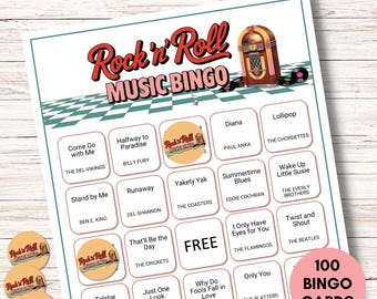 Jaren 50 en 60 rock-'n-roll muziekbingospel – afdrukbaar retro partyspel – 100 unieke kaarten – direct downloaden – rock-'n-rollbingo