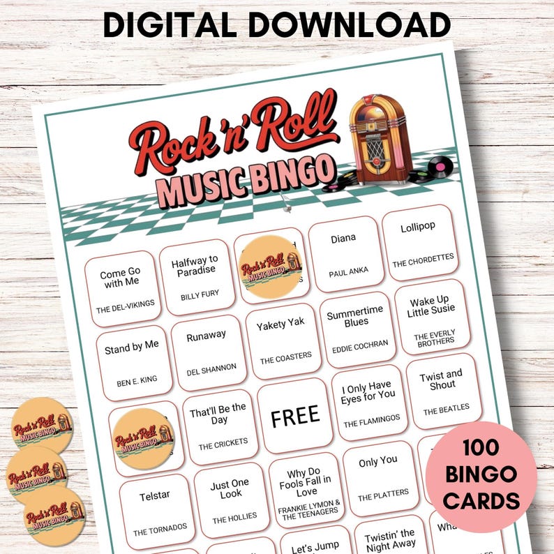 May include: Digital download of a Rock 'n' Roll Music Bingo game. The game features a retro design with a jukebox graphic and song titles. Includes 100 bingo cards and round markers with the game's logo.