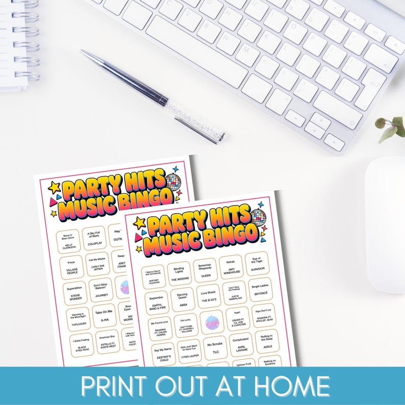 May include: Two "Party Hits Music Bingo" game sheets with colorful text and a disco ball graphic. The phrase "Print Out At Home" is at the bottom. A keyboard, pen, and mouse are in the background.