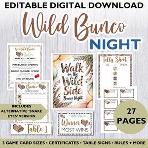 May include: An editable digital download featuring Wild Bunco Night game materials. Includes rules, scorecards, table signs, and certificates. The design incorporates a rustic theme with watercolor and animal print accents. The download includes 27 pages.