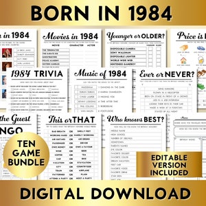 40th birthday printable party game bundle, born in 1984