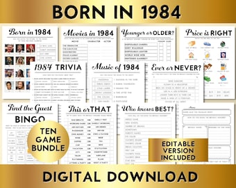 40th Birthday Party Games, Born in 1984, Printable 10 Game Bundle, Instant Download, Editable, Personalize, BP001