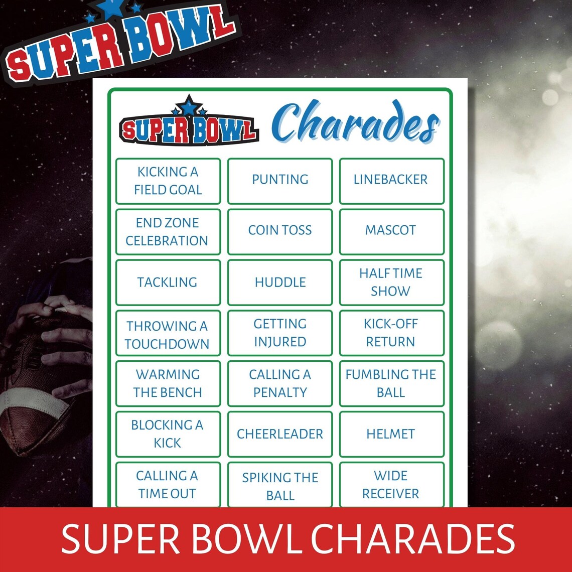 Printable Super Bowl Charades Party Game Instant Download Etsy