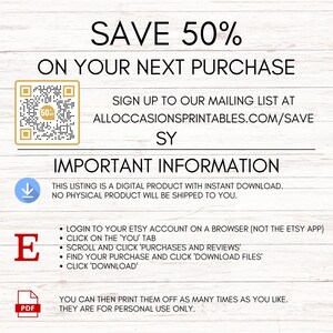 Peut inclure: Publicit&eacute; pour un produit num&eacute;rique avec le texte "SAVE 50% ON YOUR NEXT PURCHASE". Comprend un code QR et des instructions pour s'inscrire &agrave; une liste de diffusion. Le produit est un t&eacute;l&eacute;chargement num&eacute;rique, aucun produit physique ne sera exp&eacute;di&eacute;.