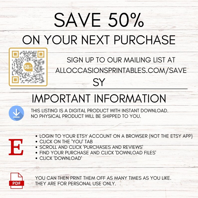Peut inclure: Publicit&eacute; pour un produit num&eacute;rique avec le texte "SAVE 50% ON YOUR NEXT PURCHASE". Comprend un code QR et des instructions pour s'inscrire &agrave; une liste de diffusion. Le produit est un t&eacute;l&eacute;chargement num&eacute;rique, aucun produit physique ne sera exp&eacute;di&eacute;.