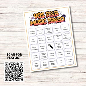 May include: A 90s R&B Music Bingo game card with a colorful design. The card features song titles and artist names, including "You Got Me" by The Roots and "No Scrubs" by TLC. A QR code is included to scan for a playlist.