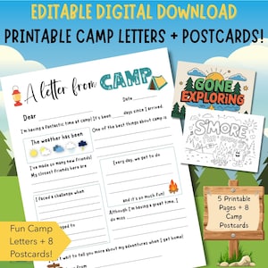 Juego de cartas imprimibles para campamentos de verano, papelería infantil, cartas editables + 8 postales, kit para rellenar.