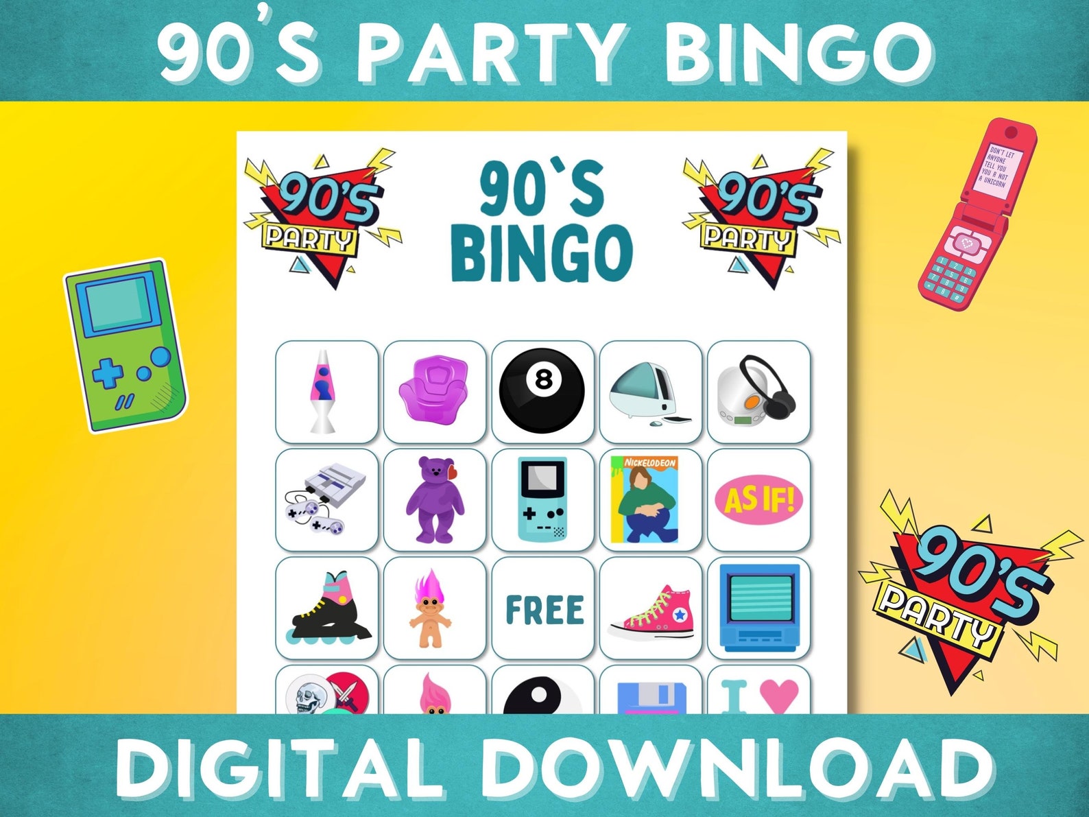 Printable 90's Themed Party Bingo 60 Unique Bingo Cards - Etsy