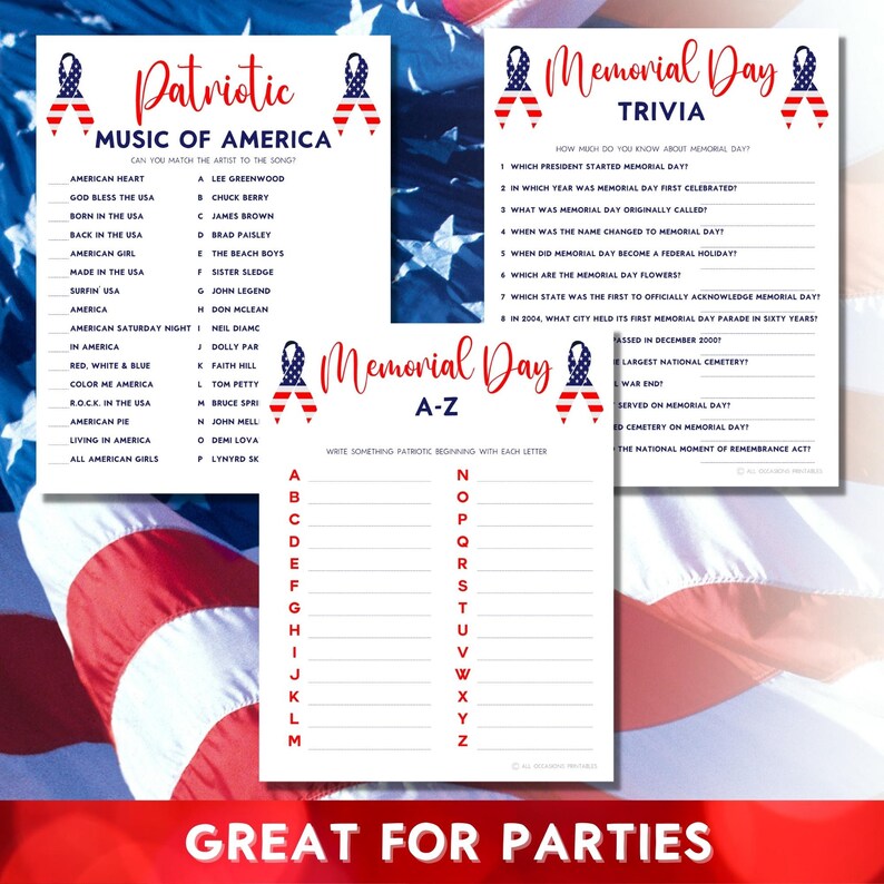 Memorial Day Games Bundle Printable Trivia Quiz Patriotic - Etsy