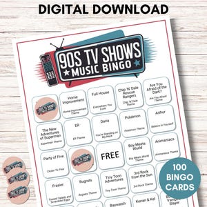 Bingo musical de programas de televisión de los 90: juego imprimible con 100 cartones y lista de reproducción de Spotify. Descarga instantánea para fiestas, noches familiares y reuniones de clase.