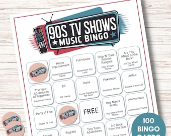 90s TV Show Music Bingo, Printable Game with 100 Cards & Spotify Playlist, Instant Download for Parties, Family Nights, Class Reunions