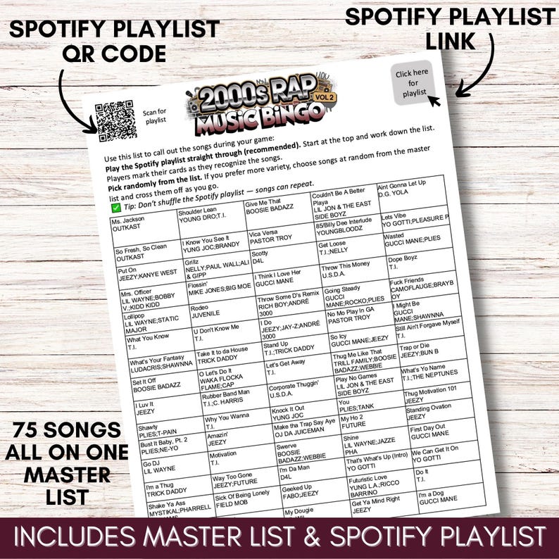 Puede incluir: Una lista de juegos de bingo de m&uacute;sica rap de los a&ntilde;os 2000 con 75 canciones, un c&oacute;digo QR de lista de reproducci&oacute;n de Spotify y un enlace. La lista incluye t&iacute;tulos de canciones y artistas, como Outkast y Lil Wayne. El dise&ntilde;o es texto blanco sobre fondo negro.