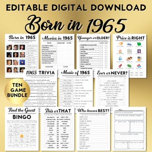 Jeux de fête pour 60e anniversaire, né en 1965, lot de 10 jeux imprimables, téléchargement immédiat, modifiable, personnalisation, musique, anecdotes, livre d'or BP001