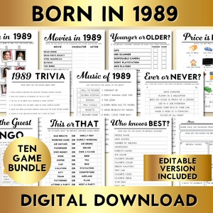 May include: A digital download bundle of ten printable party games for a 1989-themed birthday party. The games include "Born in 1989", "Movies in 1989", "Younger or Older", "Price is Right", "1989 Trivia", "Music of 1989", "Ever or Never", "Find the Guest Bingo", "This or That", and "Who Knows Best".