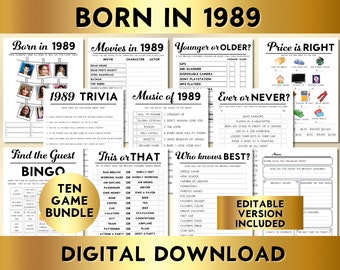 35th Birthday Party Games, Born in 1989, Editable Printable Game Bundle, Instant Download, Price Is Right, Music, Trivia, Guest Book BP001