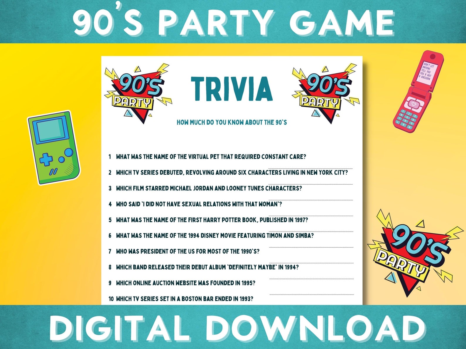 Printable 90's Themed Trivia Quiz Party Game Ice Breaker - Etsy