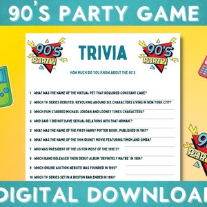 Printable 90&#39;s Themed Trivia Quiz Party Game, Ice Breaker, Instant Download, Adult Party, Bachelorette Party, Bridal Shower D90