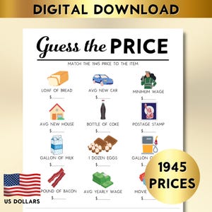 80th Birthday Price Match Game, Born in 1945 Printable, Fun Party Game for 80th Birthday Celebrations & Events