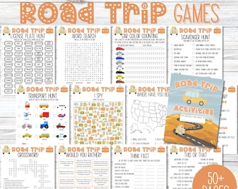May include: A collection of printable road trip games, including a license plate hunt, word search, and scavenger hunt. The design features a light orange color scheme with illustrations of cars and suitcases. The words "Road Trip Games" and "Digital Download" are visible.