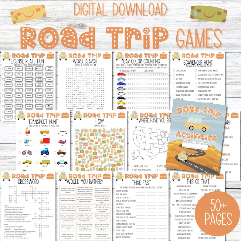 Kids Road Trip Games, Printable Family Road Trip Planner, Car Games, Travel Printables, Road Trip Journal, Family Vacation, Scavenger Hunt