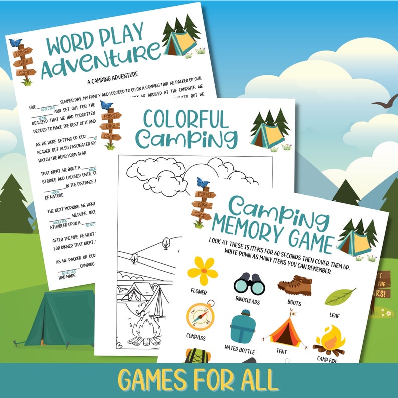 Camping Activities, Camping Games Kids Families Adults, Printable, Family Fun, Camping Trip, Summer Camp, End Of School Activities