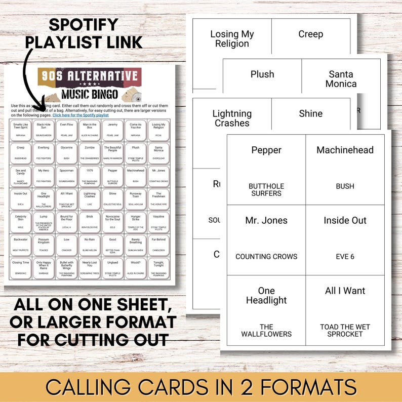 90s Alternative Music Bingo – The Ultimate Grunge & Alt-Rock Throwback Game, Printable Music Game, Party Game, Instant Download