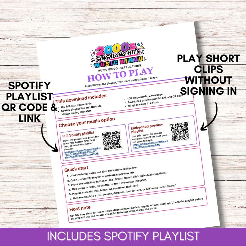 Puede incluir: Una hoja de instrucciones blanca para 2000s Singalong Hits Music Bingo. El documento detalla c&oacute;mo jugar, incluyendo secciones sobre el contenido de la descarga, opciones de m&uacute;sica con c&oacute;digos QR para listas de Spotify, una gu&iacute;a r&aacute;pida y notas.
