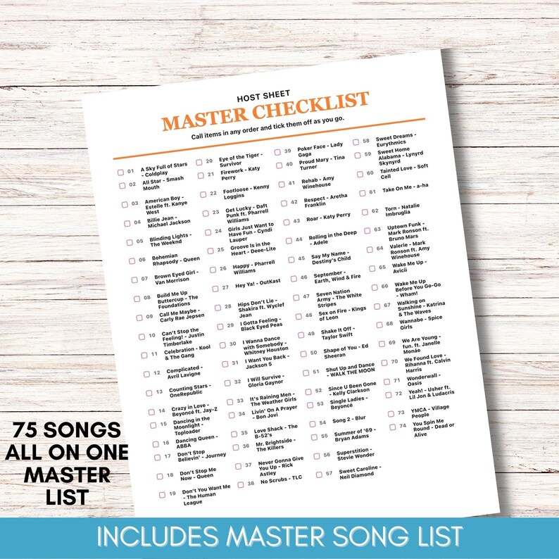 Puede incluir: Una hoja blanca con una lista de verificaci&oacute;n maestra de 75 canciones, incluidos t&iacute;tulos como "Bohemian Rhapsody" y "Poker Face". La hoja tiene el texto "Master Checklist" e "Includes Master Song List."