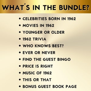 62nd Birthday Party Games, Born in 1962, Printable 10 Game Bundle, Instant Download, Bingo, Price Is Right, Music, Trivia, Guest Book image 2