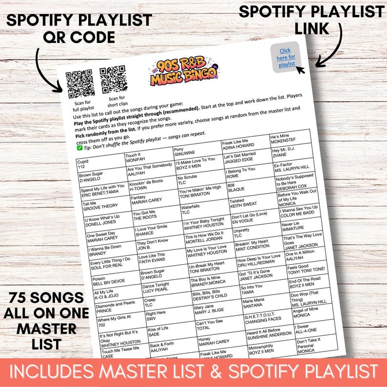 90s R&B Music Bingo, Printable Bingo Game, Throwback 90s Party Game, Instant Download