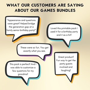 K&ouml;nnte beinhalten: Eine Grafik mit dem Text WHAT OUR CUSTOMERS ARE SAYING ABOUT OUR GAMES BUNDLES &uuml;ber f&uuml;nf Sprechblasen mit Kundenbewertungen. Die Sprechblasen haben schwarze Umrandungen und farbige Schlagschatten in Orange, Blau und Violett.