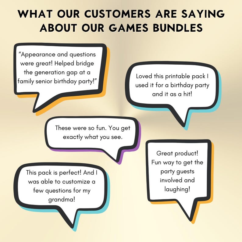 K&ouml;nnte beinhalten: Eine Grafik mit dem Text WHAT OUR CUSTOMERS ARE SAYING ABOUT OUR GAMES BUNDLES &uuml;ber f&uuml;nf Sprechblasen mit Kundenbewertungen. Die Sprechblasen haben schwarze Umrandungen und farbige Schlagschatten in Orange, Blau und Violett.