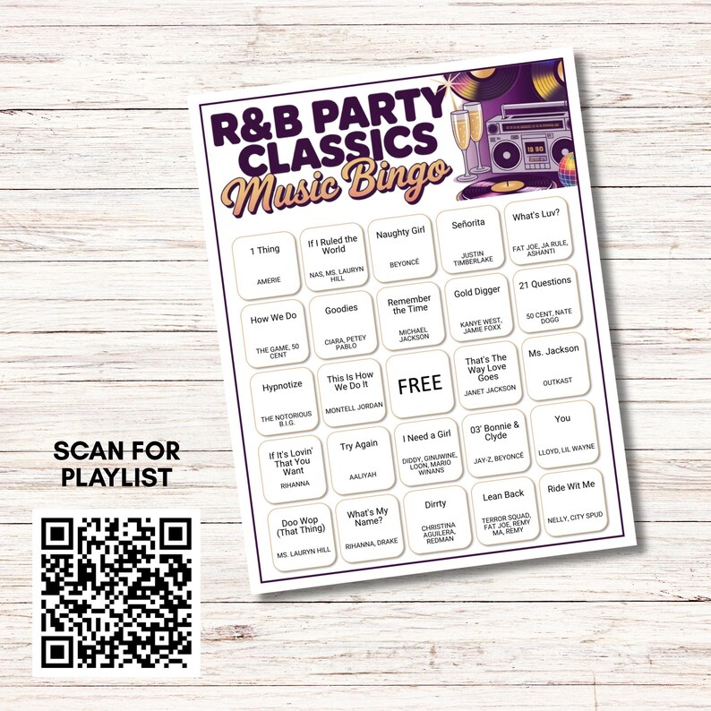 May include: R&B Party Classics Music Bingo game card with song titles and artist names. Features a purple and gold design with a boombox and champagne glasses. Includes a QR code to scan for a playlist.