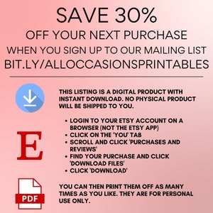 Puede incluir: Un gr&aacute;fico rosa y blanco con el texto "SAVE 30% OFF YOUR NEXT PURCHASE WHEN YOU SIGN UP TO OUR MAILING LIST BIT.LY/ALLOCCASIONSPRINTABLES". El gr&aacute;fico tambi&eacute;n incluye un icono de descarga azul, una letra "E" roja y un icono PDF.