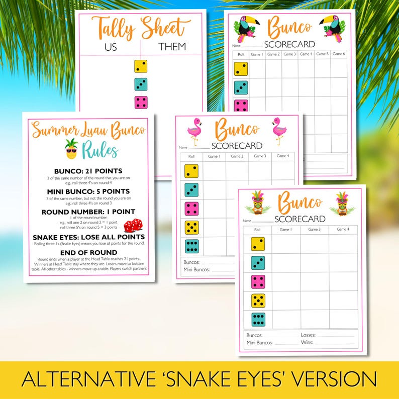 May include: Printable scorecards for the game Bunco, featuring a tropical theme with flamingo and tiki illustrations. The scorecards are designed for a summer luau party and include spaces for recording scores for each round of the game.