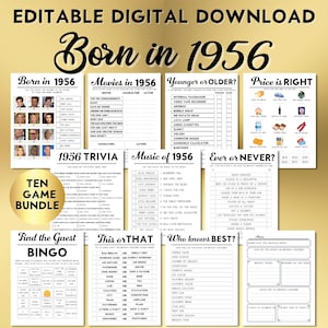 Juegos para celebrar tu 70.º cumpleaños, trivia sobre nacidos en 1956, concurso musical (edición digital, imprimible y editable)