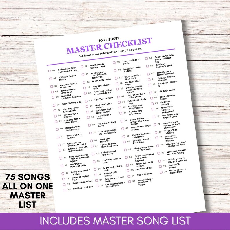 2000s Singalong Hits Music Bingo Game, 75 Songs 200 Cards imagen 3