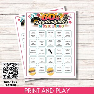 May include: A 60s singalong hits music bingo game card featuring a colorful retro design with a vinyl record, microphone, and musical notes. The grid contains song titles and artist names, with two circular stickers and a QR code for a playlist.